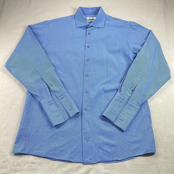 Calvin Klein Dress Shirt Mens 16 32/33 Blue Gingham Spread Collar Button Down - Picture 2 of 8